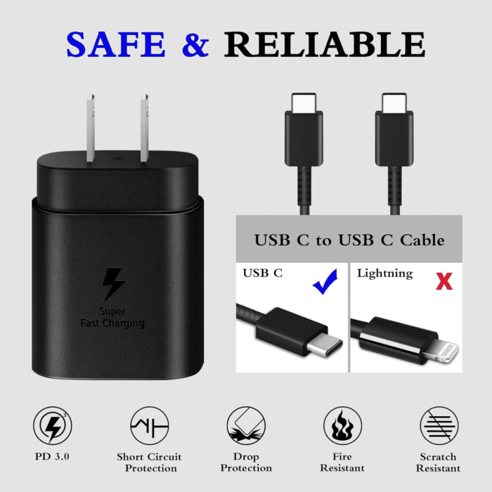 Type C Charger, 2-Pack 25W Type C Super Fast Charging Block with 6Ft USB C Charger Cable Compatible with Galaxy S23 Ultra/S23+/S22/S21/S20 - Image 3