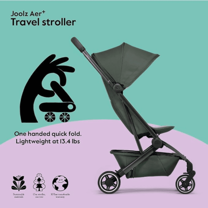 AER+ Lightweight Baby Stroller, Ultra Compact & Portable One-Hand Fold Design - Ergonomic Recline Seat - Infant & Toddler (Up to 50 Lb) - Airplane Friendly Stroller - XXL Sun Hood - Forest Green - Image 3