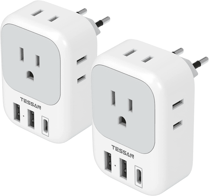 2 Pack European Travel Plug Adapter USB C,  US to Europe Plug Adapter with 4 Outlets 3 USB Charger (1 USB C Port), Type C Power Adaptor to Italy Spain France Portugal Iceland Germany, White Gray