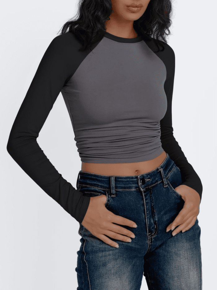 Women'S Long Sleeve Shirts Slim Fit Stretchy Color Block Slightly Cropped Tops - Image 2