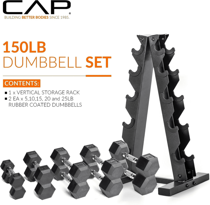 150 LB Coated Hex Dumbbell Weight Set with Vertical Rack | Multiple Colors - Image 2