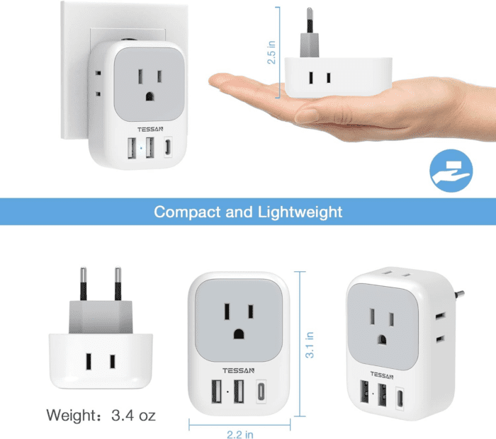 2 Pack European Travel Plug Adapter USB C,  US to Europe Plug Adapter with 4 Outlets 3 USB Charger (1 USB C Port), Type C Power Adaptor to Italy Spain France Portugal Iceland Germany, White Gray - Image 6