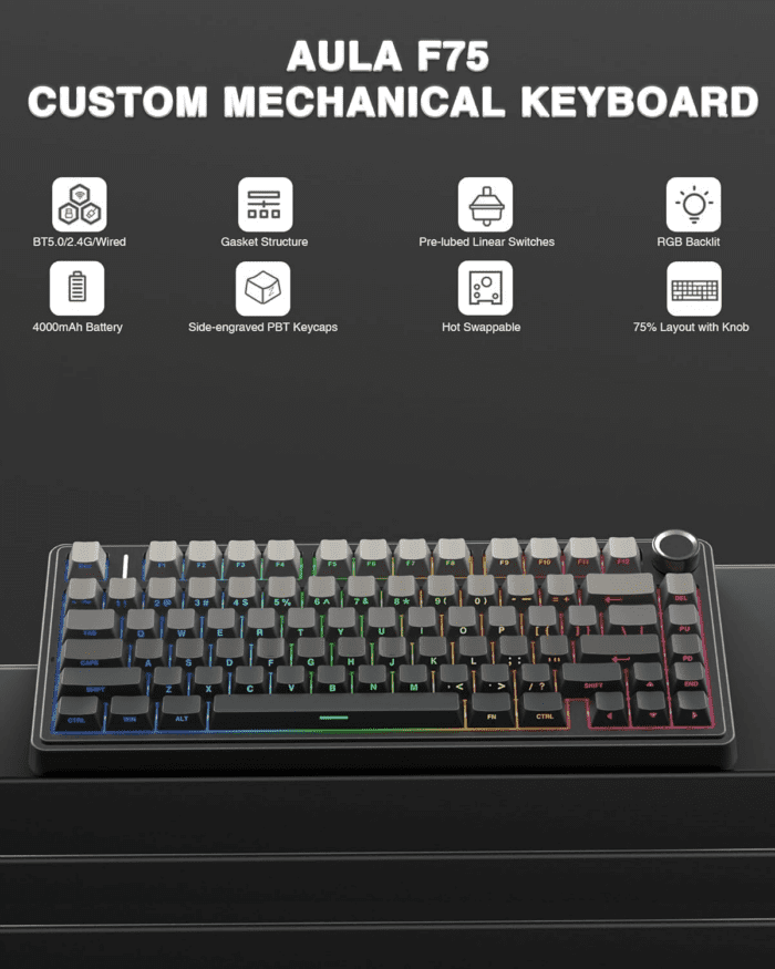 F75 Pro Wireless Mechanical Keyboard,75% Gasket Hot Swappable Custom Keyboard,Rgb Backlit,Pre-Lubed Reaper Switches,Side Printed PBT Keycaps,2.4Ghz/Usb-C/Bt5.0 Mechanical Gaming Keyboard - Image 2