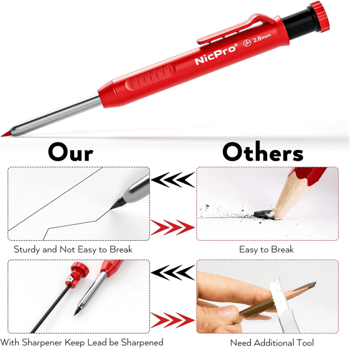 Carpenter Pencil with Sharpener, Mechanical Pencils Set with 26 Refills, Deep Hole Marker for Construction, Heavy Duty Woodworking Pencils for Architect (Black, Red) - with Case - Image 9