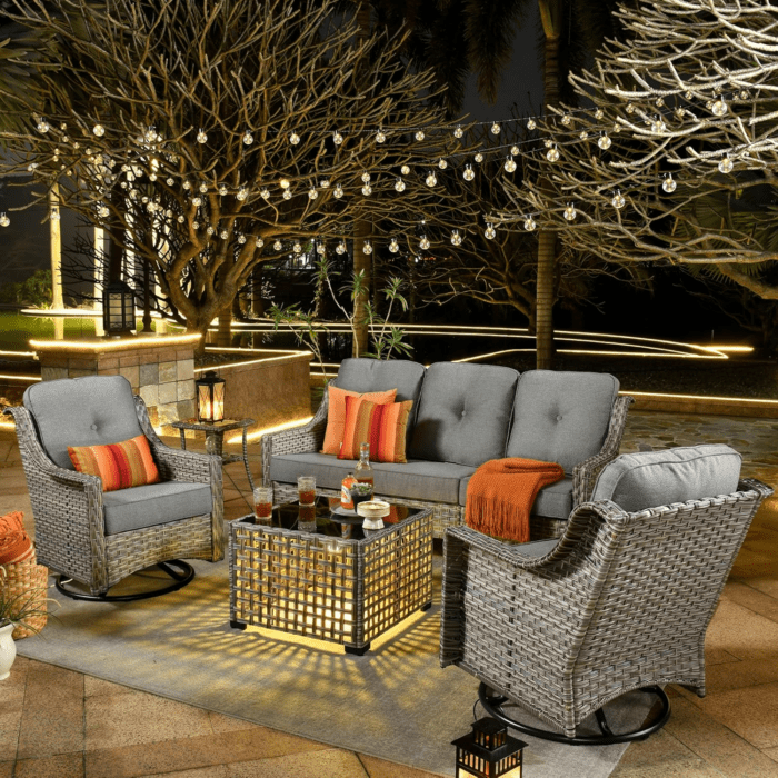 5 Piece Outdoor Patio Furniture with 3 Seat Sofa,Rattan Wicker Coversation Set with Swivel Rocking Chair,Balcony Sofa Set with Shiny Table for outside Porch Backyard Pool,Dark Grey