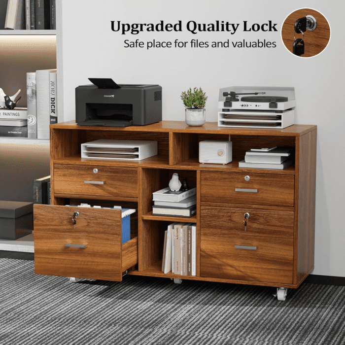 Wide 4 Drawer File Cabinet with Lock, Wood Lateral File Cabinet with Open Shelves, Lockable Rolling File Cabinets for Home Office, Walnut File Cabinet Printer Stand, Letter Sized - Image 7