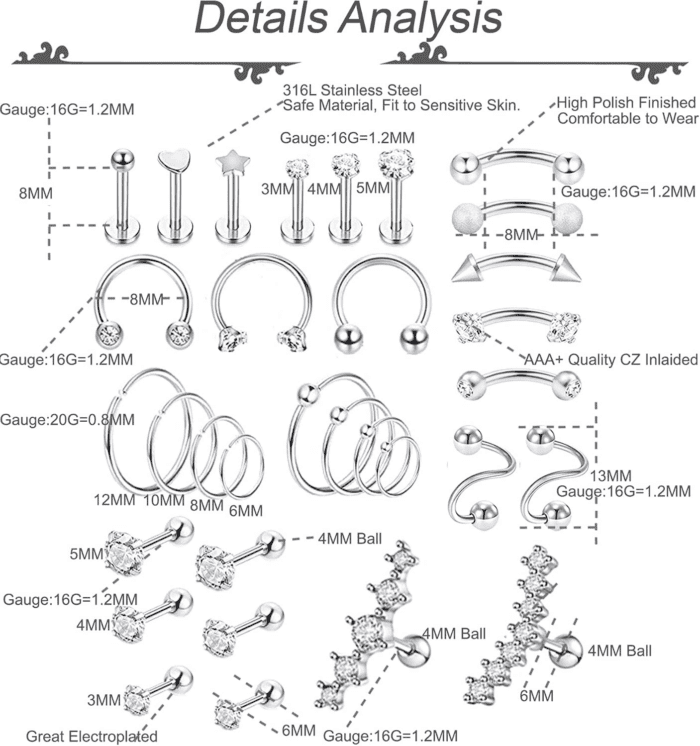 32Pcs Stainless Steel Cartilage Stud Earrings for Women Conch Helix Tragus Daith Conch Hoop Earing Piercing Jewelry Set - Image 6