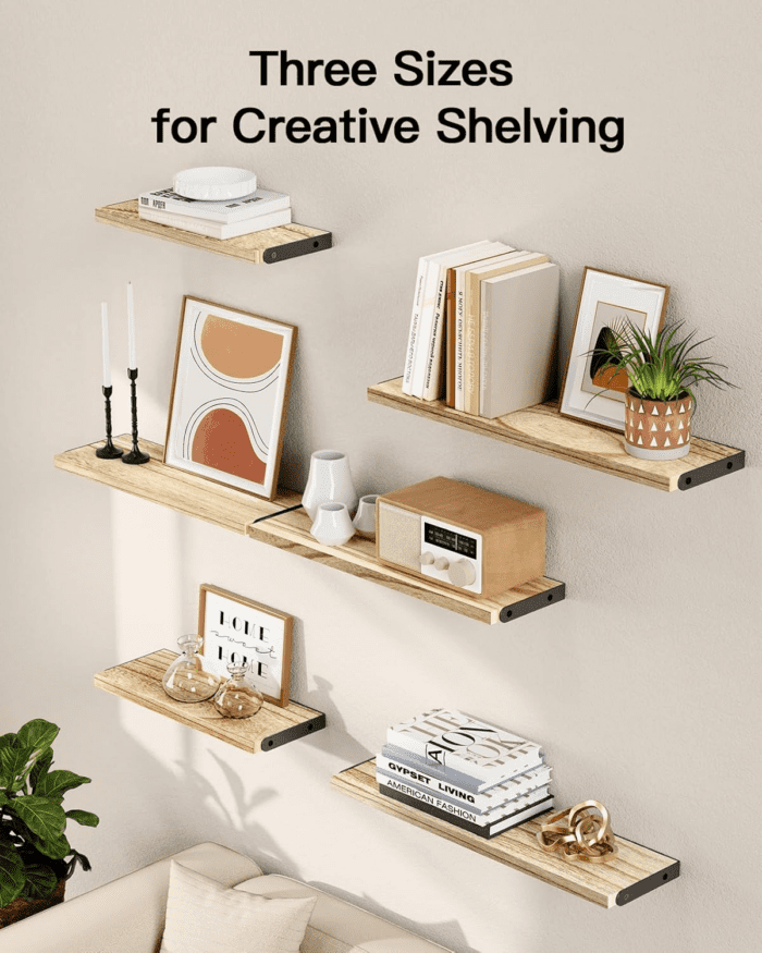 Wall Shelves Set of 6, Wood Floating Shelves for Wall Decor, Rustic Farmhouse Wall Shelves for Bedroom, Bathroom Shelves for Wall Storage, Book Shelves for Living Room, Wooden - Image 7