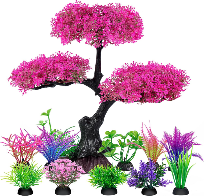 Aquarium Artificial Plastic Plants Decoration, Pink Cherry Blossom Tree & Grass Aquarium Decor Set, Goldfish Betta Fish Tank Decorations Hides Accessories（Pink