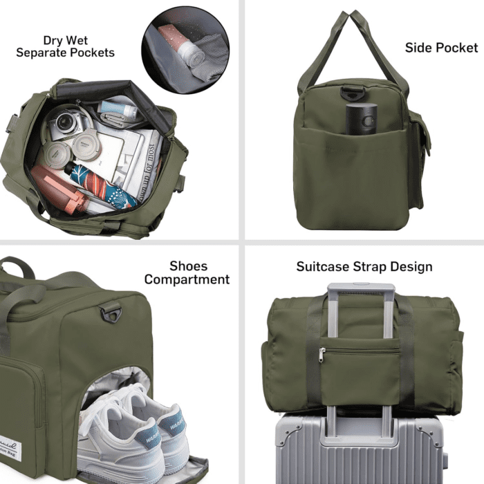 Travel Duffel Bag with Shoes Compartment Sports Gym Bag with Dry Wet Separated Pocket for Men and Women, Overnight Bag Weekender Bag Training Handbag Yoga Bag - Olive Green - Image 3