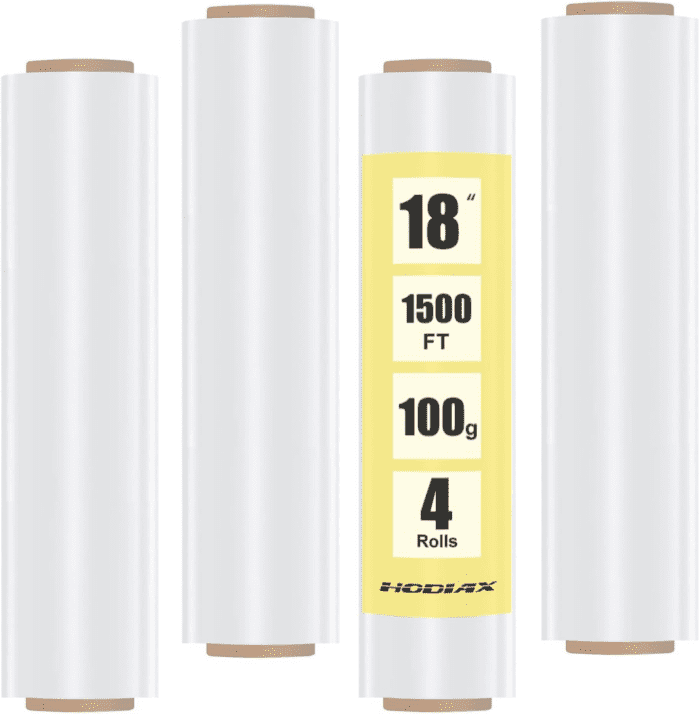 18" Stretch Wrap Film Roll-4 Pack, 1500Ft Industrial Heavy Duty Clear Plastic Wrap with Handles for Pallet Wrapping Shipping Moving Packing (100 Gage)