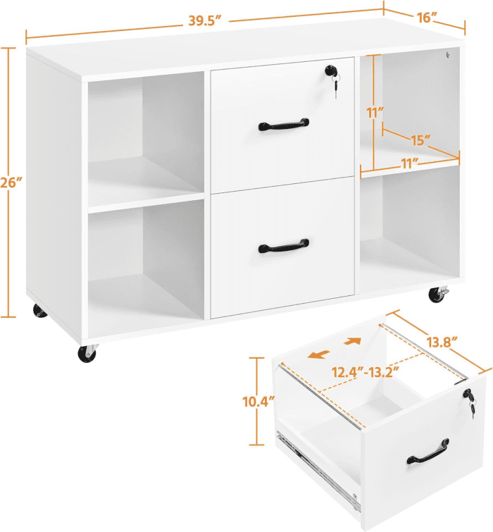 White File Cabinet Mobile Letter Size File Cabinet with 2 Drawers and 4 Open Storage Shelves Large Mobile Lateral Filing Cabinet Printer Stand for Home and Office - Image 3