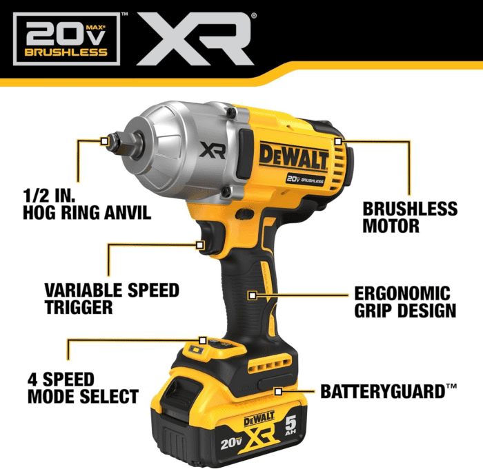 20V MAX Cordless Impact Wrench Kit, 20V MAX, 1/2" Hog Ring with 4-Mode Speed, Includes Battery, Charger and Kit Bag (DCF900P1) - Image 4