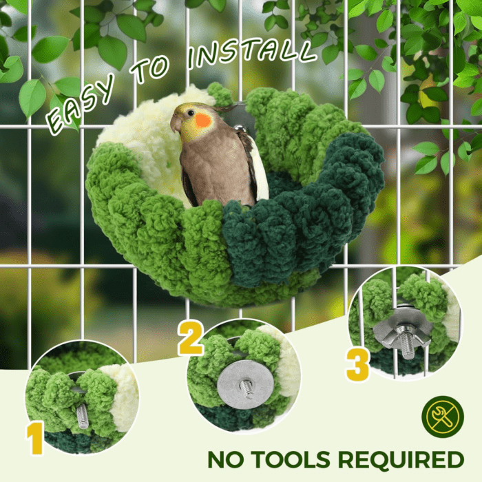 Bird Nest for Cage,Plush Hanging Bird Bed for Parakeet,Breeding Bird House for Conure,Budgie,Cockatiel,Lovebird,Canary,Finch,Hamster,Small Pets,Warm Nest (Green, S) - Image 3