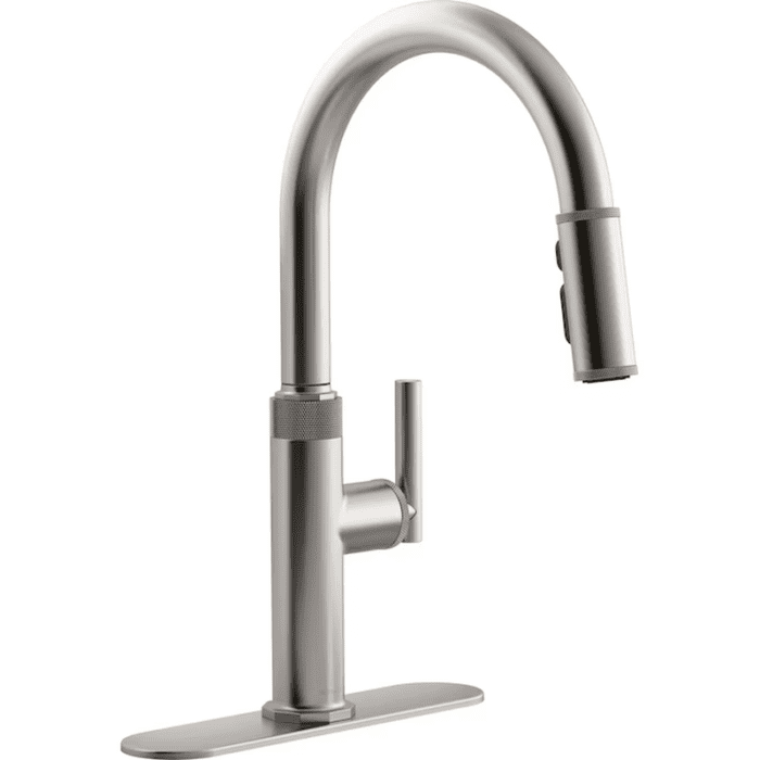 Lathe Vibrant Stainless Single Handle Pull-Down Kitchen Faucet with Sprayer (Deck Plate Included)