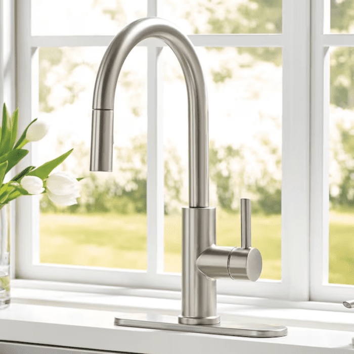 Harlow Spot Free Stainless Steel Single Handle Pull-Down Kitchen Faucet with Sprayer (Deck Plate and Soap Dispenser Included)