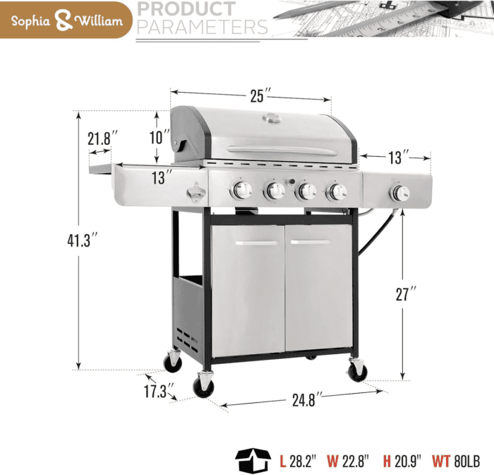 4-Burner Propane Gas BBQ Grill with Side Burner and Porcelain-Enameled Cast Iron Grates 42,000BTU Outdoor Cooking Stainless Steel Grills Cabinet Style Garden Barbecue Grill, Silver - Image 7