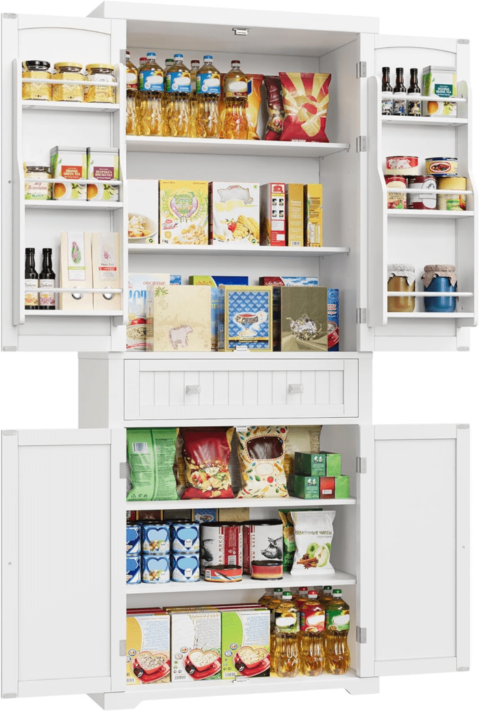 Pantry Cabinet, 15.7 X 30 X 71.7 Inches, Freestanding Tall Cupboard Storage Cabinet with a Drawer, 2 Cabinets, 4 Adjustable Shelves, 6 Door Shelves, Living Room, Kitchen, White UBBC561P31V2