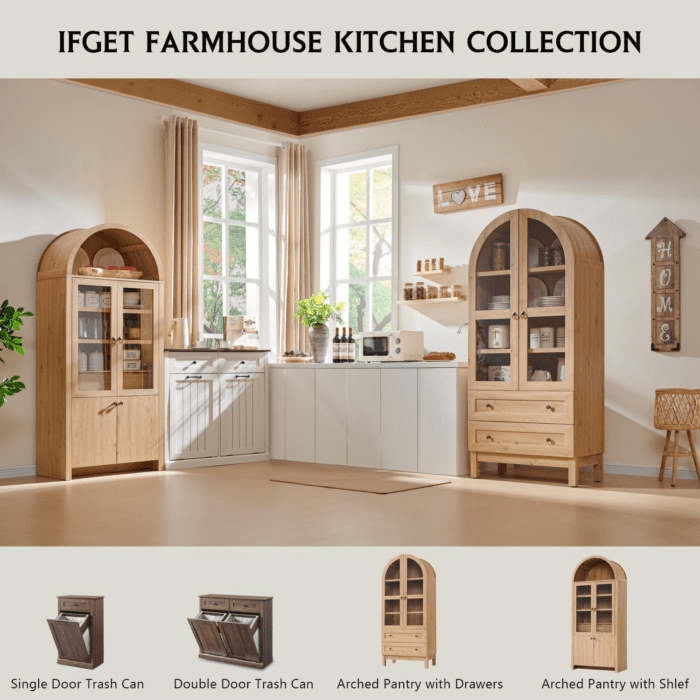 71" Tall Arched Kitchen Pantry, Modern Farmhouse Wood Kitchen Storage Cabinets with 2 Large Drawers and Adjustable Shelves, Versatile Cupboard for Kitchen, Dining Room, Bathroom, Natrual - Image 6