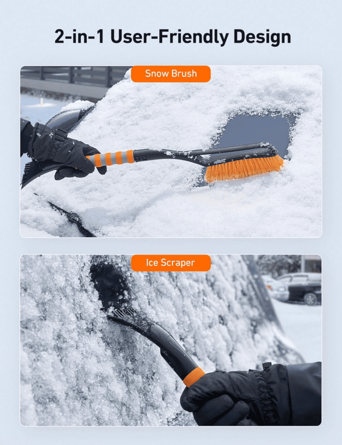 27" Snow Brush and Ice Scrapers for Car Windshield, Detachable Snow Scrapers with Ergonomic Foam Grip for Cars, Trucks, Suvs (Heavy Duty ABS, PVC Brush, Orange) - Image 2