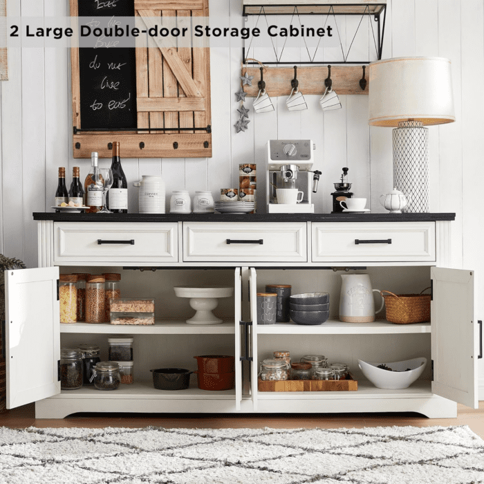 66" Large Buffet Sideboard Cabinet with 4 Doors and 3 Drawers, Buffet Table Coffee Bar Wine Bar Storage Cabinet for Dining Room, Living Room (Off White) - Image 5