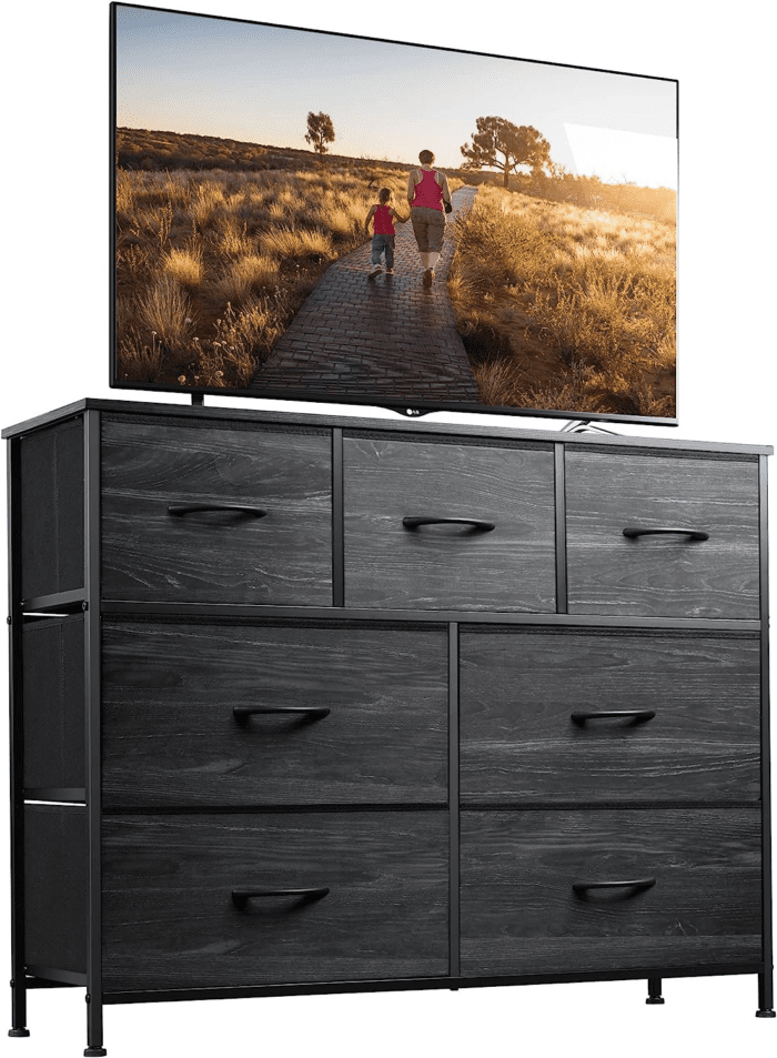 Dresser TV Stand, Entertainment Center with Fabric Drawers, Media Console Table with Metal Frame and Wood Top for TV up to 45 Inch, Chest of Drawers for Bedroom, Charcoal Black Wood Grain Print