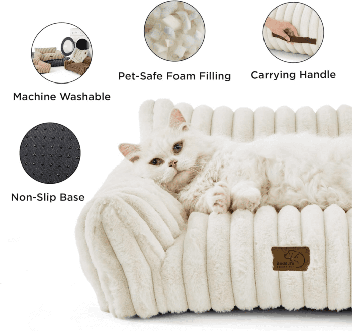 Cute Cat Couch for Pets - Fluffy Cat Sofa with Premium Soft Corduroy Fleece, Fuzzy Cat Couch Bed with Removable Washable Cover, Supportive Cat Chair for Indoor Cats, 24Inch, Cream - Image 4