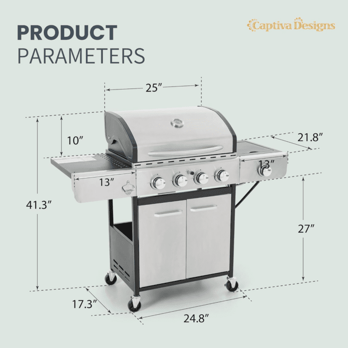 4-Burner Propane Gas BBQ Grill with Side Burner & Porcelain-Enameled Cast Iron Grates, 42,000 BTU Output Stainless Steel Grill for Outdoor Cooking Kitchen and Patio Backyard Barbecue - Image 6