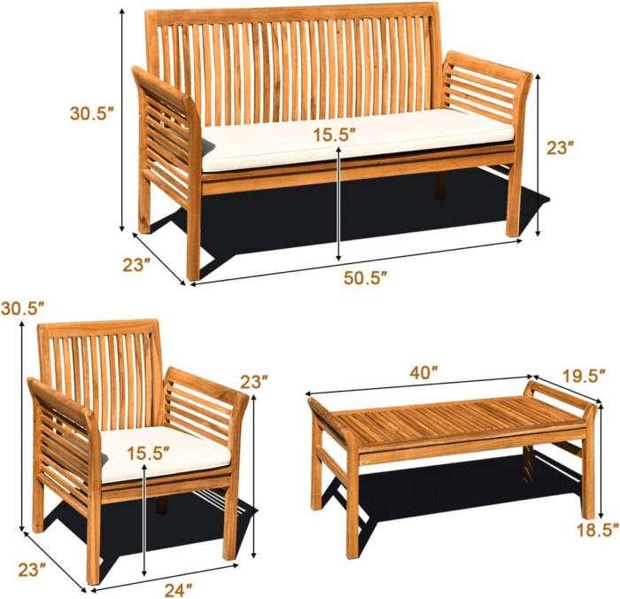 4 Piece Outdoor Acacia Wood Sofa Set with Water Resistant Cushions, Padded Patio Conversation Table Chair Set W/Coffee Table for Garden, Backyard, Poolside (1) - Image 5