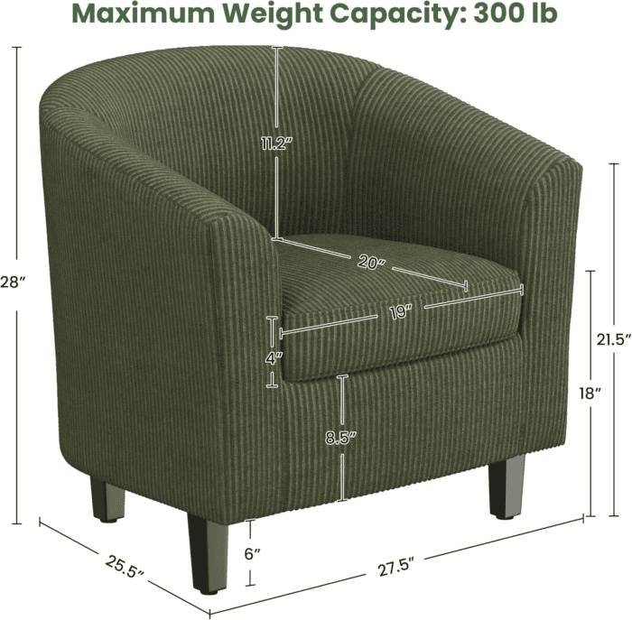 Corduroy Barrel Chairs Set of 2, Upholstered Club Chairs Accent Chairs, round Armchairs Waiting Room Chairs with Soft Cushion for Living Room Bedroom Reading Room, Dark Green - Image 3