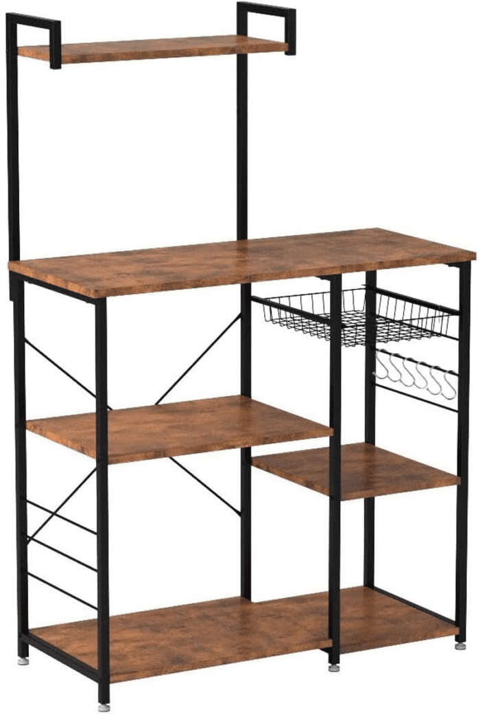 Baker'S Rack, Microwave Stand, Kitchen Storage Rack with Wire Basket, 6 Hooks, and Shelves, for Spices, Pots, and Pans, Rustic Brown and Ink Black UKKS35X - Image 5