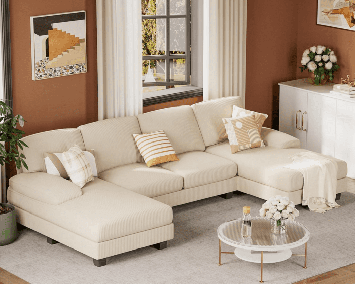 Sectional Couches for Living Room, U Shaped Couch with Chenille Fabric, 4 Seat Modern Sofa with Removable Pillows for Apartment and Small Space (Corduroy, Beige) - Image 8