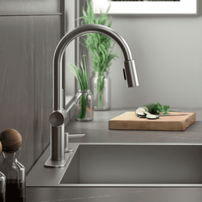 Koi Vibrant Brushed Moderne Brass Single Handle Pull-Down Kitchen Faucet with Sprayer (Deck Plate and Soap Dispenser Included) - Image 10