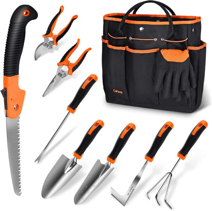 Garden Tools Set,  10 Piece Stainless Steel Heavy Duty Gardening Tools Set for Planting Pruning Gardening Kit with Durable Gardening Bag Gloves Gift Box Ideal Garden Gifts for Women Men(Orange)