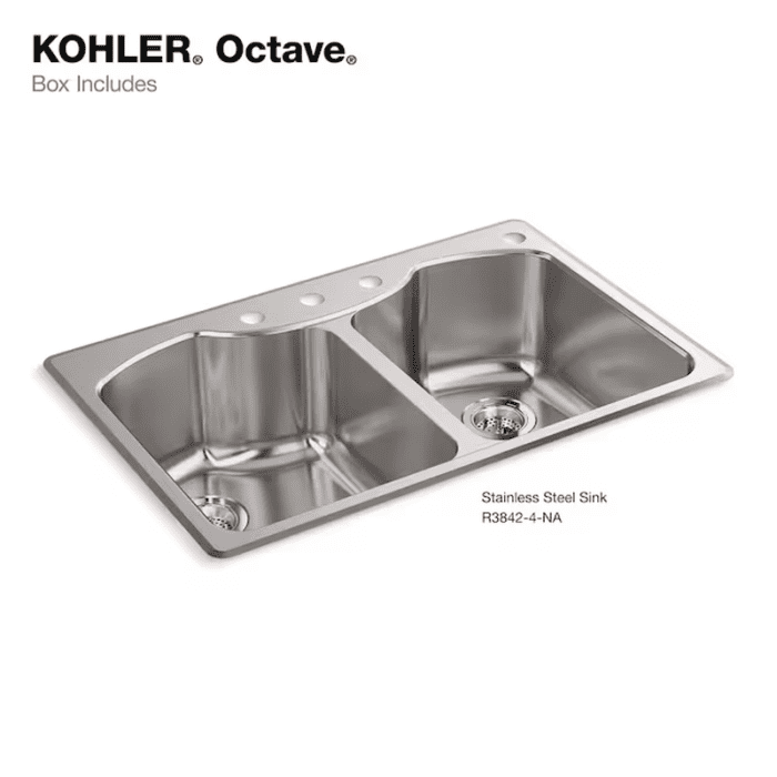 Octave Dual-Mount 33-In X 22-In Stainless Steel Double Equal Bowl 3-Hole Kitchen Sink - Image 3