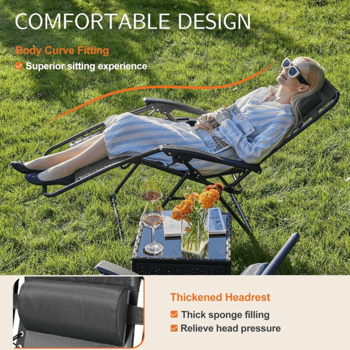 Zero Gravity Chairs, Set of 2 Portable Recliner Beach Camping Patio Outdoor Folding Lounge Chair with Cup Holder Trays and Adjustable Pillow for Poolside, Garden, Backyard, Lawn (Black) - Image 3