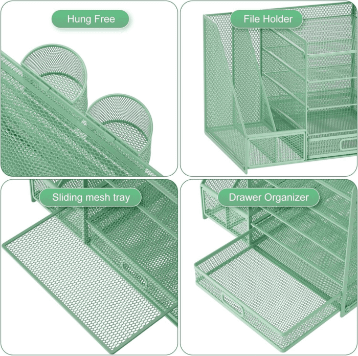 Desk Organizer with File Holder, 5-Tier Paper Letter Tray Organizer with Drawer and 2 Pen Holder, Mesh Desktop Organizer and Storage with Magazine Holder for Office Supplies (Green) - Image 4