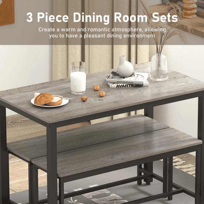 3-Piece 4 Bar 2 Dining Benches, 43.3'' Wood Kitchen Table & Chair Set for Breakfast Nook and Small Space, Grey - Image 3