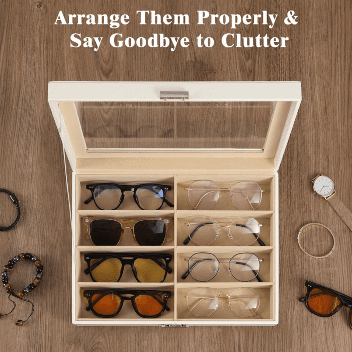 Sunglasses Organizer with 8 Slots, Leather Sunglass Display Collection Holder Case with Drawer Clear Glass Lid, Lockable Eyeglass Glass Jewelry Watch Storage Box for Women Men, White - Image 3