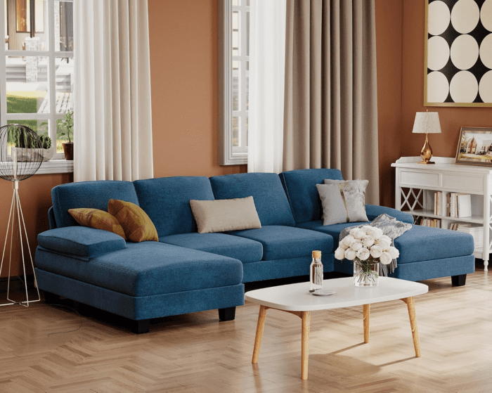 Sectional Couches for Living Room, U-Shaped Sofa Couch with Linen Fabric, 4 Seat Sofa Set with Double Chaise for Apartment (Fabric, Blue) - Image 7