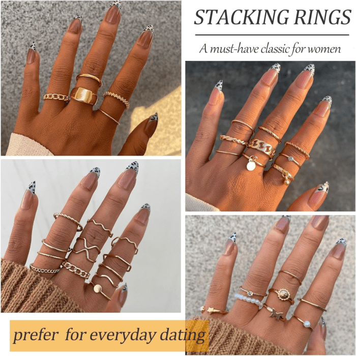 68 Pcs Gold Knuckle Rings Set for Women, Stackable Rings Boho Joint Finger Midi Rings Silver Hollow Carved Crystal Stacking Rings Pack for Gift - Image 8