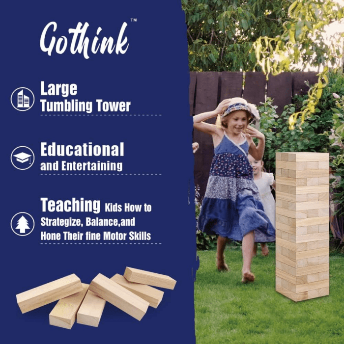 Giant Tumble Tower Game, Large Tumbling Tower Stack to over 4 FT 54Pcs Wooden Jumbo Blocks for outside Yard Games with Carry Case Timber Stacking Game Night Toy Gift for Kids Adults Family - Image 9