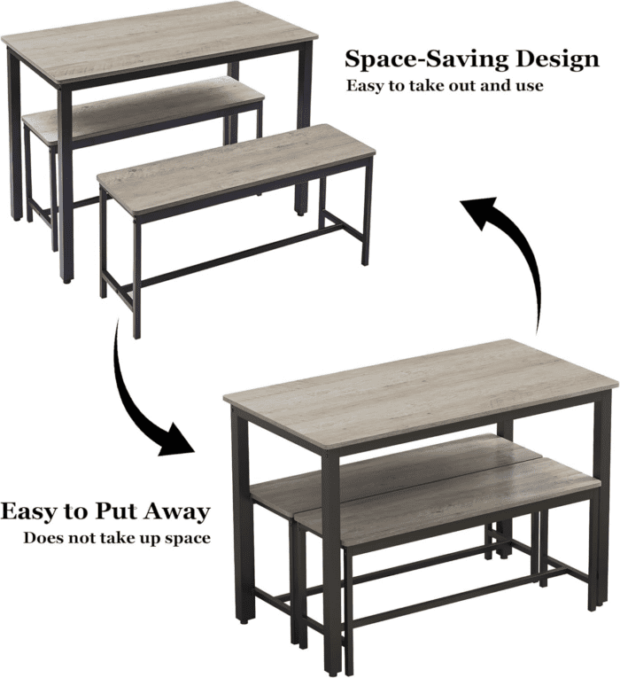 3-Piece 4 Bar 2 Dining Benches, 43.3'' Wood Kitchen Table & Chair Set for Breakfast Nook and Small Space, Grey - Image 2