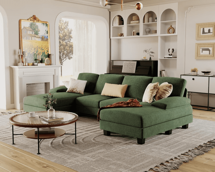 Sectional Couches for Living Room, U-Shaped Sofa Couch with Linen Fabric, 4 Seat Sofa Set with Double Chaise for Apartment (Fabric, Green) - Image 6