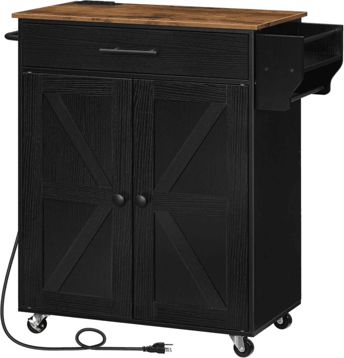 Kitchen Island with Power Outlet, Kitchen Storage Island with Large Worktop, Spice Rack and Drawer, Rolling Kitchen Cart on Wheels, for Kitchen and Dining Room, Rustic Brown and Black