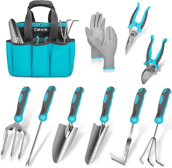 Gardening Tools,  10 Piece Heavy Duty Stainless Steel Garden Tools Set with Ergonomic Rubber Handle. Variety of Gardening Hand Tools for Planting Gardening Kit with Gift Box Ideal Garden Gifts