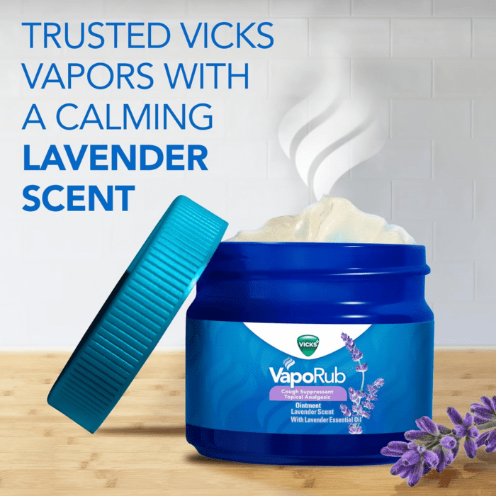 Vaporub, Lavender Scent, Cough Suppressant, Topical Chest Rub & Analgesic Ointment, Medicated  Vapors, Relief from Cough Due to Cold, Aches & Pains, 1.76Oz - Image 2