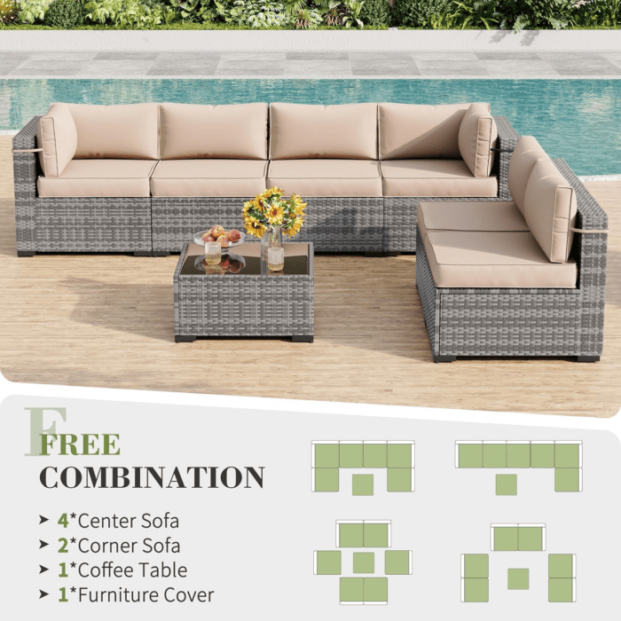 Patio Furniture Set, Outdoor Patio Furniture Wicker Furniture Couch Set, 7-Pieces Outdoor Sectional Sofa with Patio Furniture Cover, Outdoor Patio Set for Home Furniture (Khaki) - Image 4