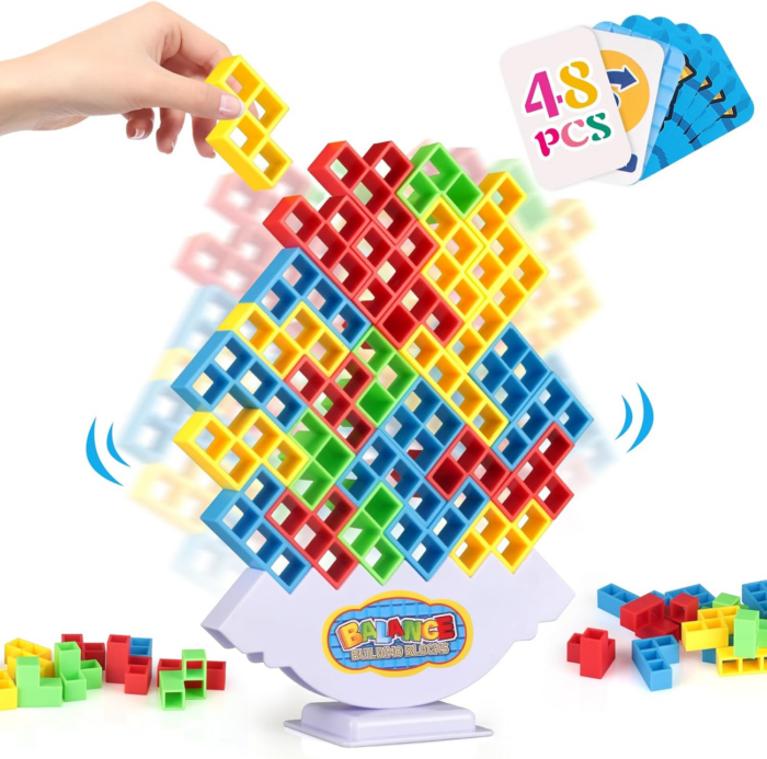 48 Pcs Tetra Tower Game, Stack Attack Family Board for 2 Players Family Games, Building Blocks Stacking Balance Games Toys for Kids, Adults, Friends, Classroom, Family and Travel Party