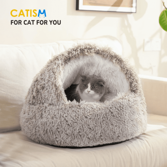 Cat Bed, Plush Hooded Cat Beds for Indoor Cats, Calming Cat Nest, Self Warming Cat Bed Cave, Cozy Cat Pod for Indoor Cat or Small Dog, Removable Washable Cat Cove with Non-Slip Bottom - Image 4